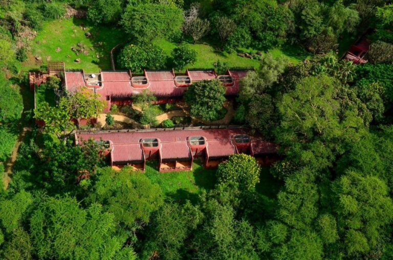 De to fløyene med røde tak på Amboseli Serena Safari Lodge sett fra luften, mellom trærne