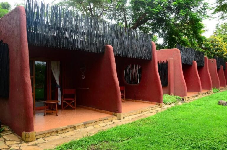 Terrassene til rommene på Amboseli Serena Safari Lodge, mellom avrundede røde vegger, ut mot en plen