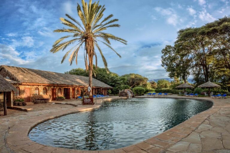 Bassenget på Amboseli Sopa Lodge, med en palme, parasoller av strå og en steinbygning
