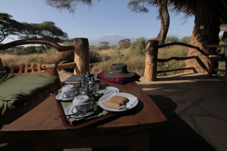 Et brett med te og kjeks på en terrasse, med en safarihatt og Kilimanjaro bak akasiene