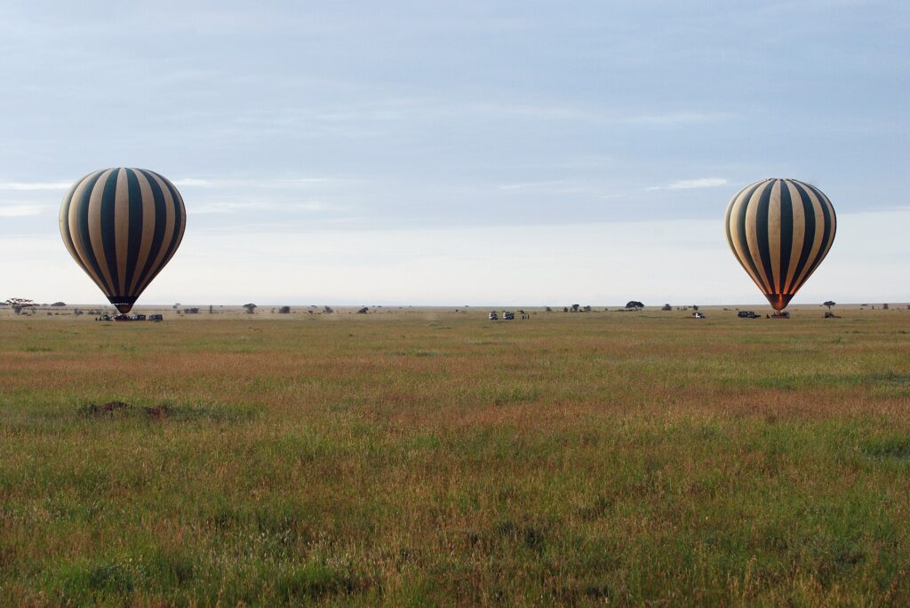To stripete luftballonger lander tidlig om morgenen på den grønne sletta, med 4x4-bilene som følger dem