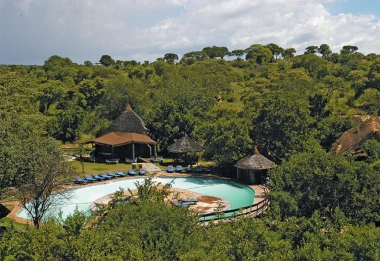 Bassenget på Tarangire Sopa Lodge sett ovenfra, omgitt av bush
