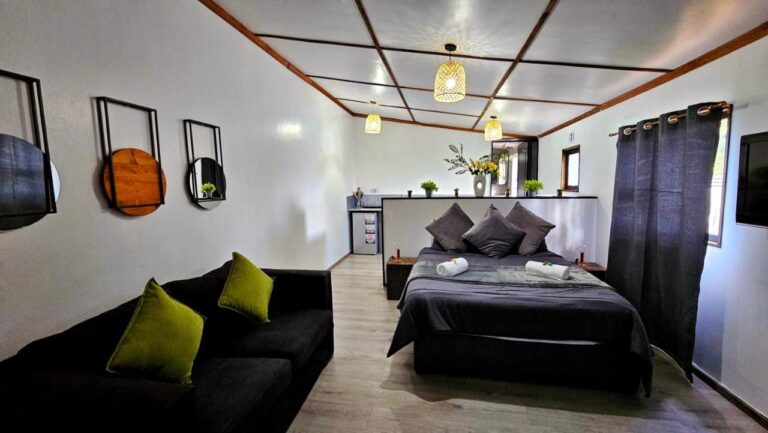 En studioleilighet med svart sofa med grønne puter, en stor grå seng og, innerst, tekjøkkenet bak en lav mur